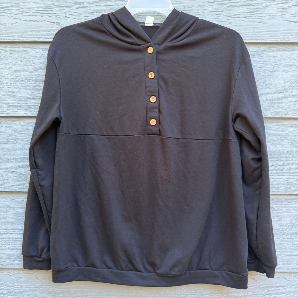 Unbranded M Pullover Henley Hoodie Women Black Cotton Blend Soft Comfy Casual